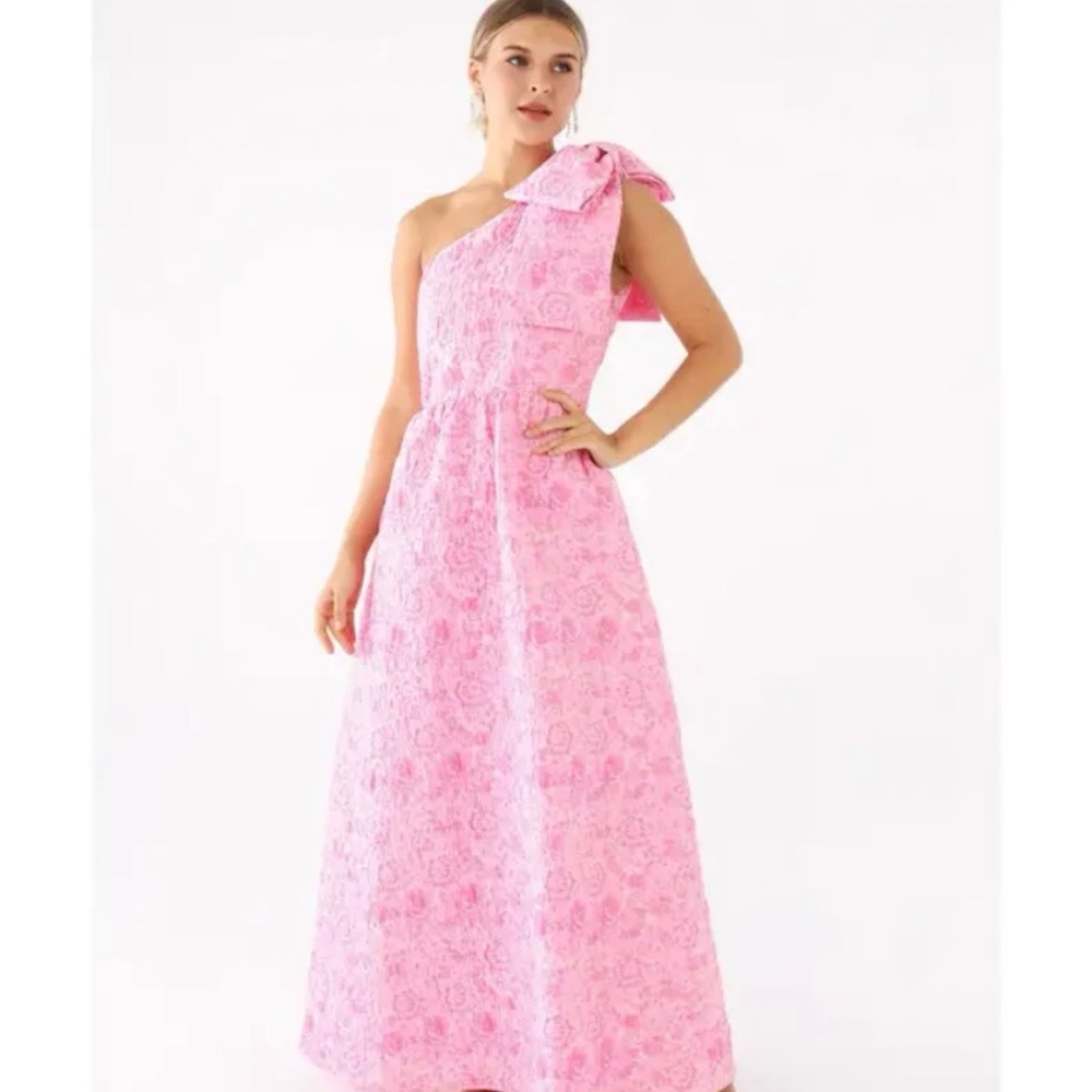 One-Shoulder Jacquard Pink Floral Maxi Dress with Statement Bow